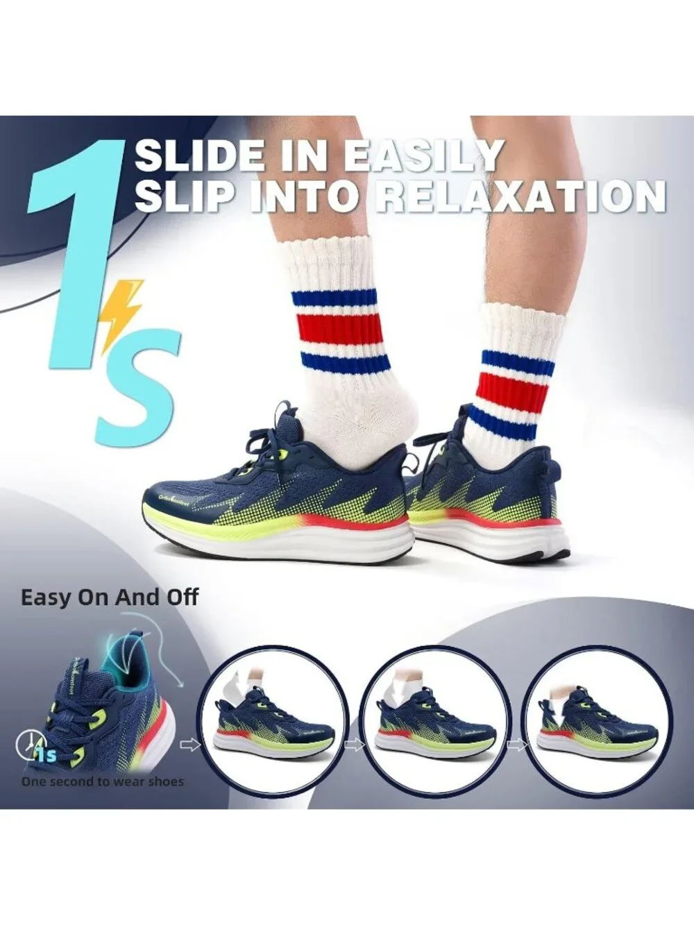 OrthoComfoot Men's Navy Lime Green Rubber Sole Comfortable Hiking Athletic Shoes